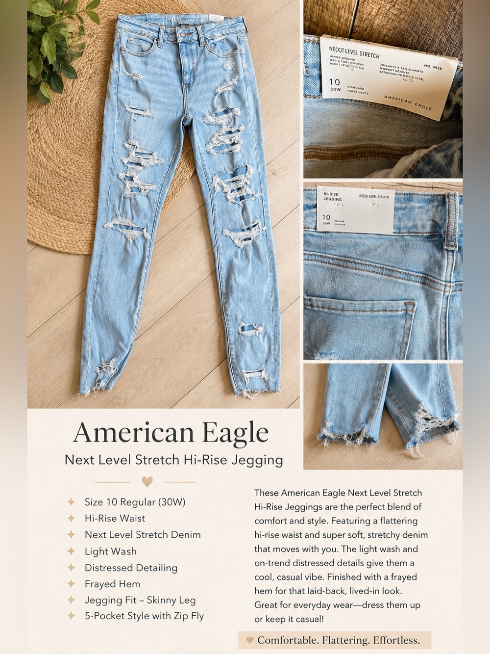American Eagle Next Level Stretch Hi-Rise Jeggings
Size 10 Regular (30W)